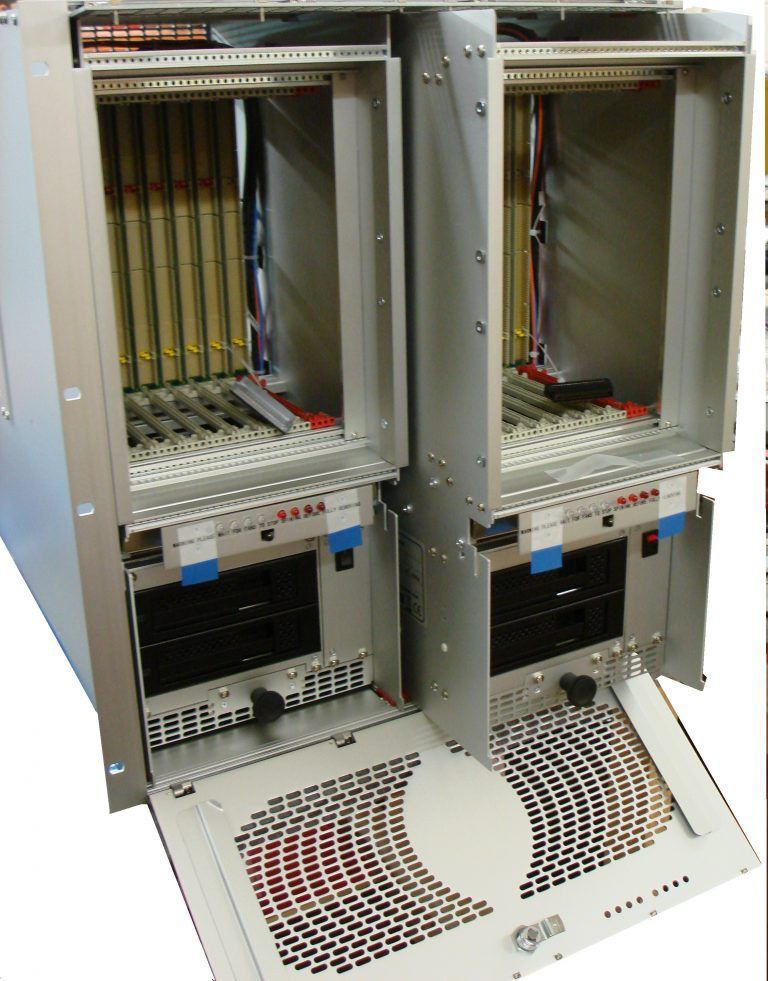 Large dual-bay integrated electronic cabinet manufactured by Bus Solutions
