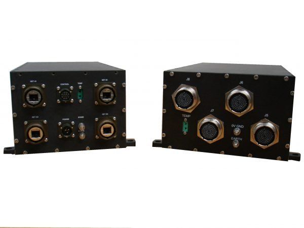 Pair of compact black IP65 electronic enclosures with rugged circular connectors