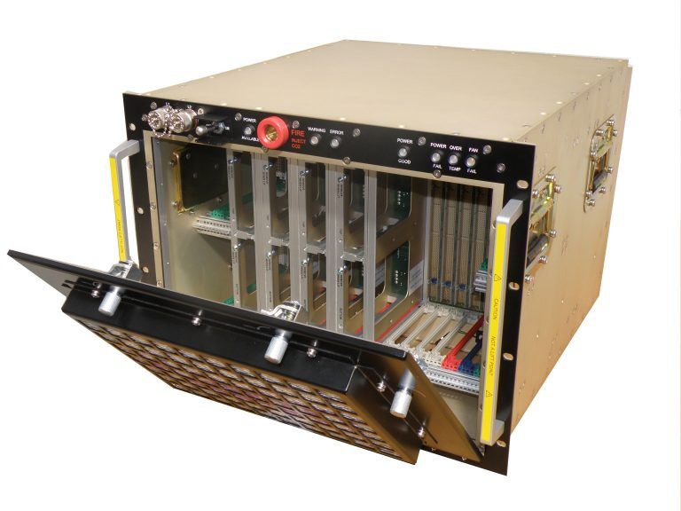 Custom rugged VPX electronic enclosure with front access panel open